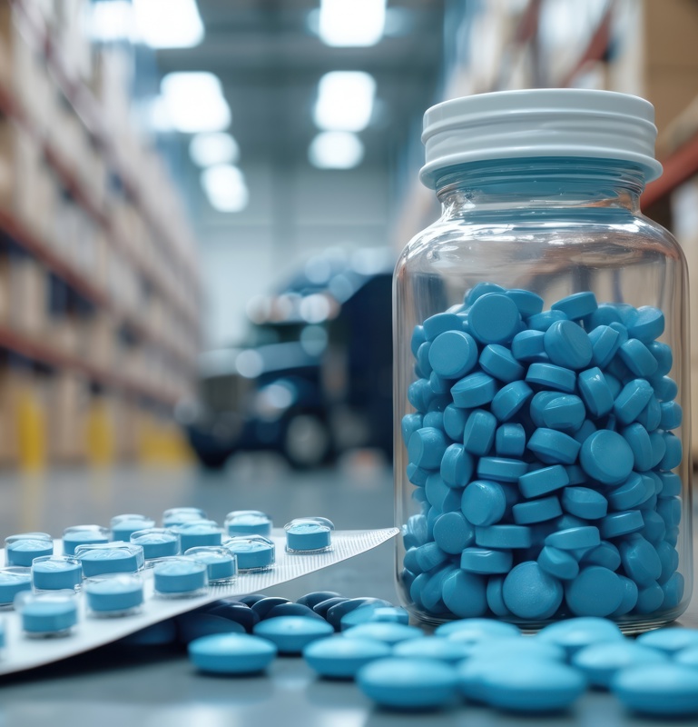 Blaue Tabletten im Vordergrund und ein Lager im Hintergrund