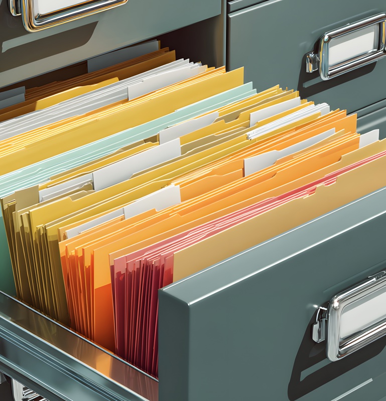 geöffnete Aktenschrankschublade mit mehrfarbigen Akten und Ordnern in einer Büroumgebung